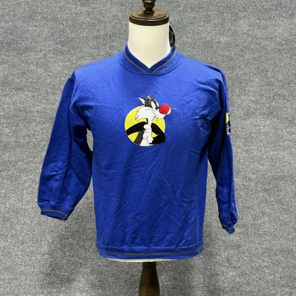 Vintage Looney Tunes Sweatshirt Boys M 10-12 Blue Sylvester Tweety Graphic 90s